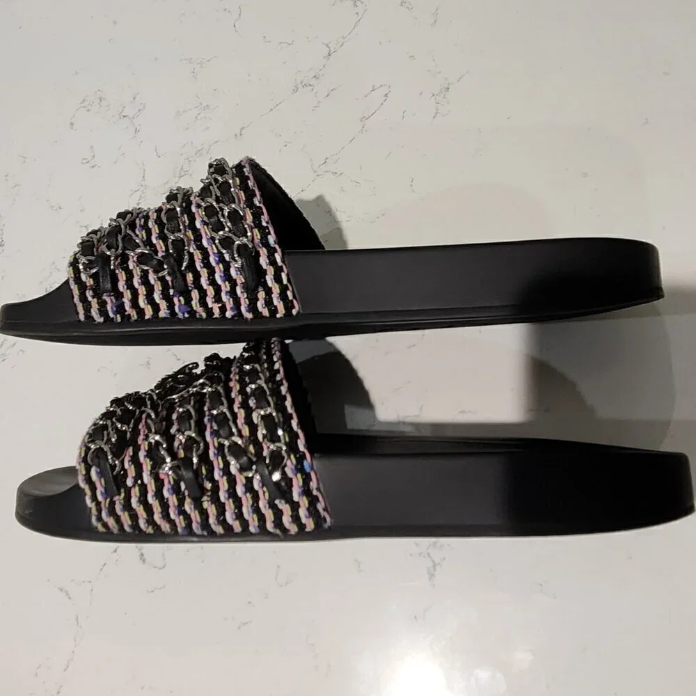 Chanel Leather & Tweed Black Slides, Authentic